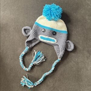 Daisy Baby Kids Sock Monkey Beanie Hat Gray with Blue Pom 8-12 Photography NEW